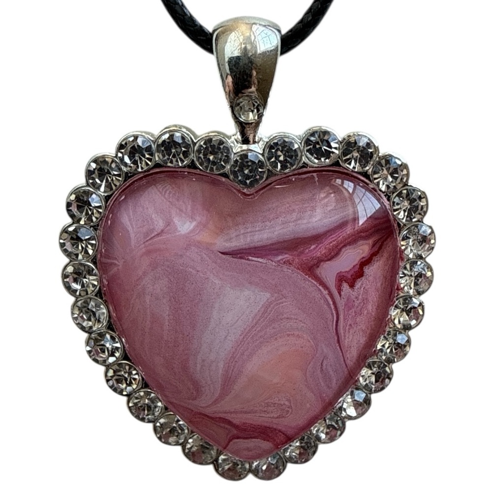 Handmade Pink Heart Pendant Necklace Fluid Art Crystal Silver by Svetlana Yeung